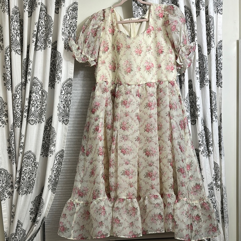 JessaKae Cream Sundress Puff Sleeves, pink roses, tea party dress, plus size, 1X